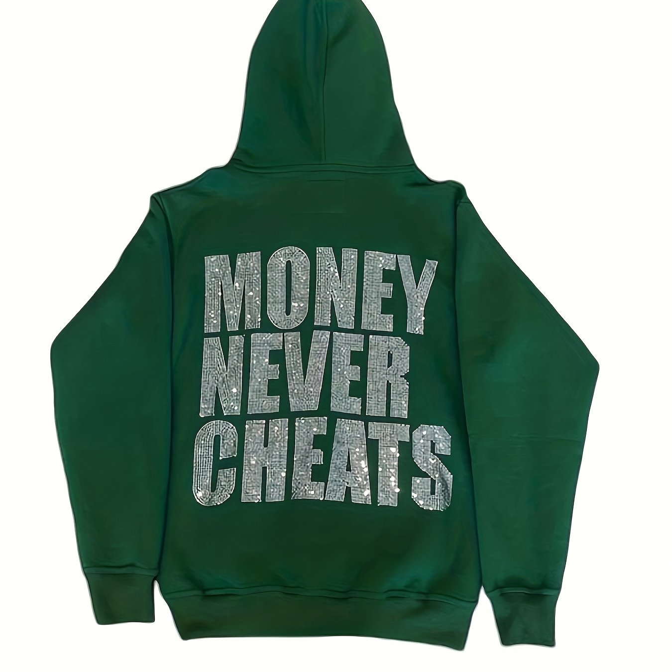 Women's Y2K  Hoodie with "MONEY NEVER CHEATS" Rhinestone Lettering - Emerald Green Zip-Up Sweatshirt, Front & Back Sparkling Diamond Print, Machine Washable Regular Fit, All season Sweatshirt