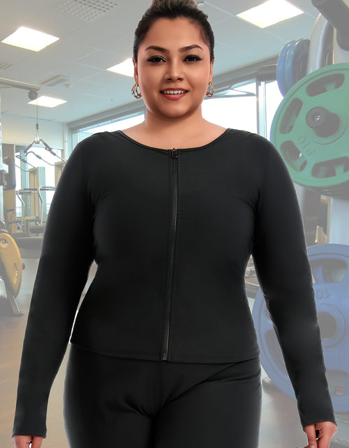 Load image into Gallery viewer, Women's Plus Size Long Sleeve Zip-Up Yoga Top - Stretchy Polyester Athletic Shirt, Breathable Workout Tee for Gym & Training, Black, Gym Wear | Sleek Design | Glossy Fabric