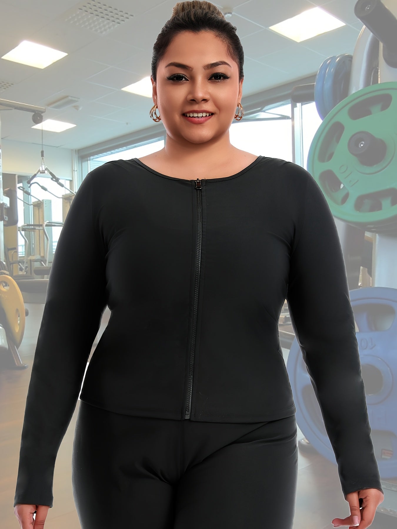 Women's Plus Size Long Sleeve Zip-Up Yoga Top - Stretchy Polyester Athletic Shirt, Breathable Workout Tee for Gym & Training, Black, Gym Wear | Sleek Design | Glossy Fabric