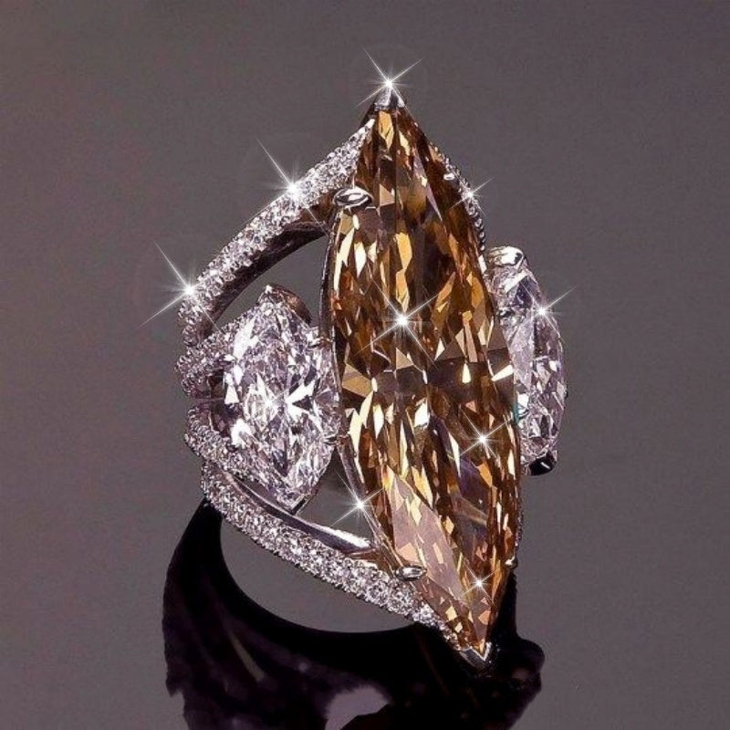 Sparkling Elegant Brown Stone Band Ring Inlaid Shiny Silvery Plated Zirconia Luxury Romantic Bridal Engagement Wedding Band Cocktail Prom Ring