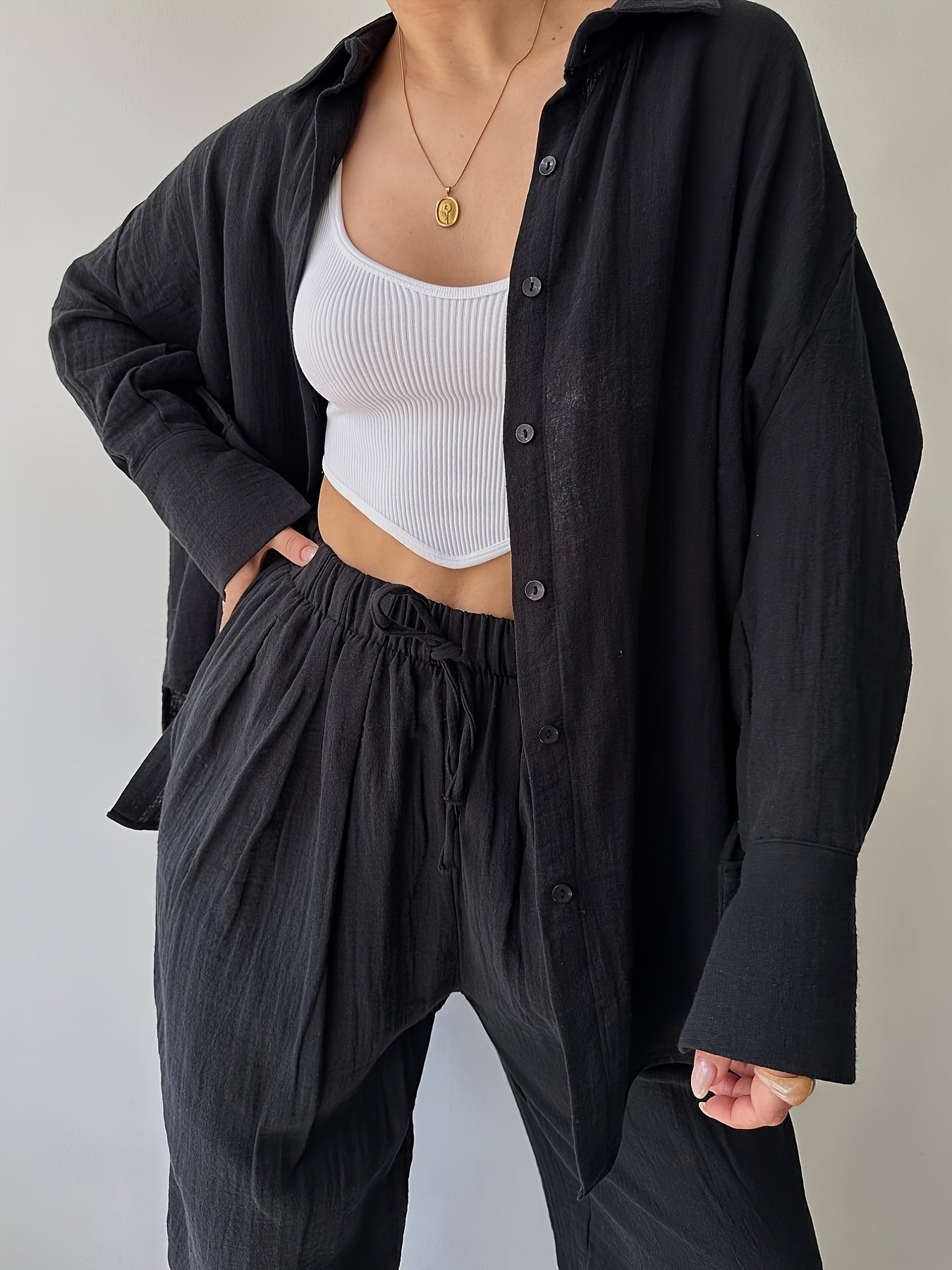 Two-piece Women's Simple Niche Lapel Long-sleeved Shirt High-Waisted Pants Fashion Suit