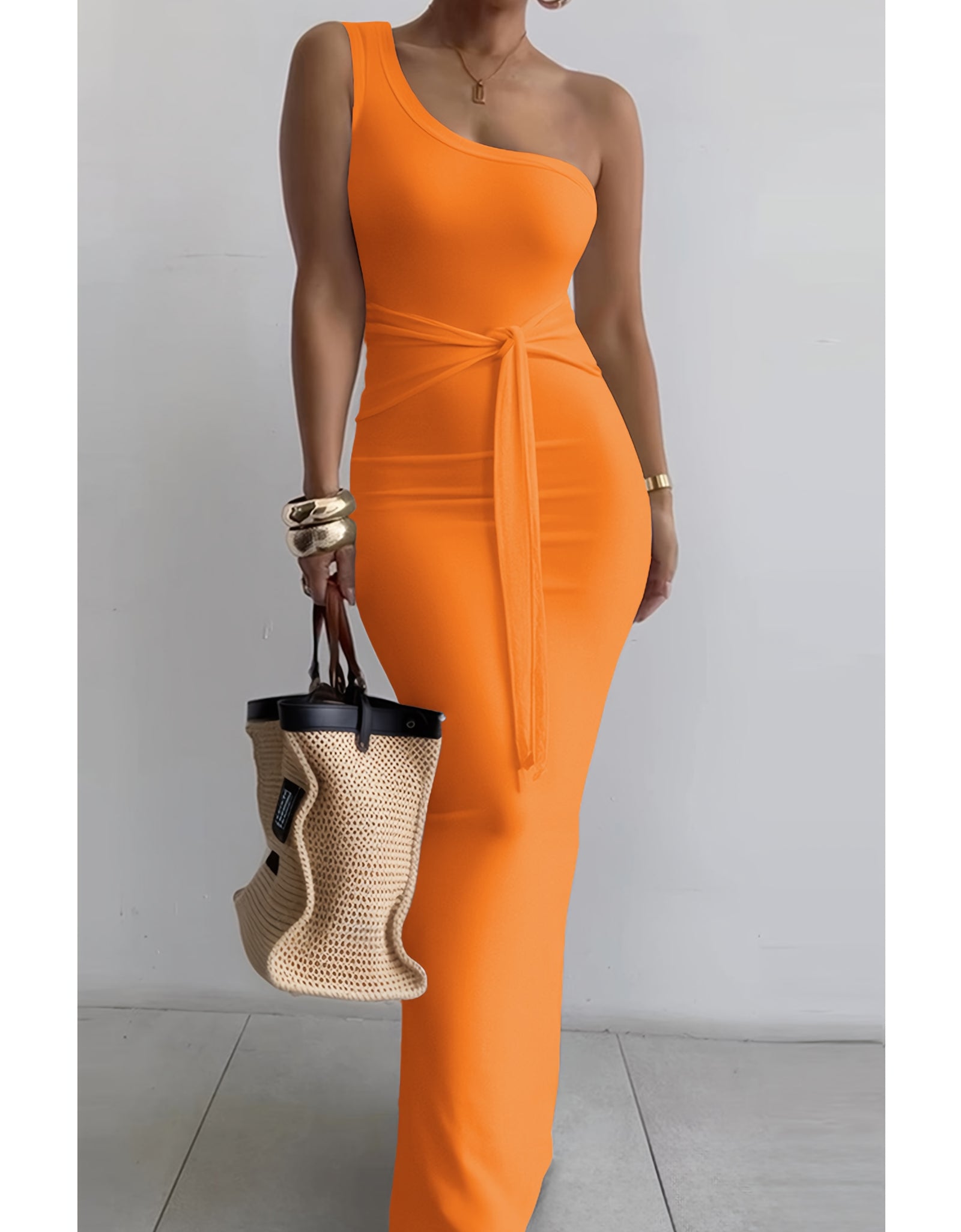 Women's Summer One-Shoulder Waist Tie Slim-Fit Pencil Dress - Sleeveless Elegant Solid Blue Long Dress for Casual & Formal Occasions
