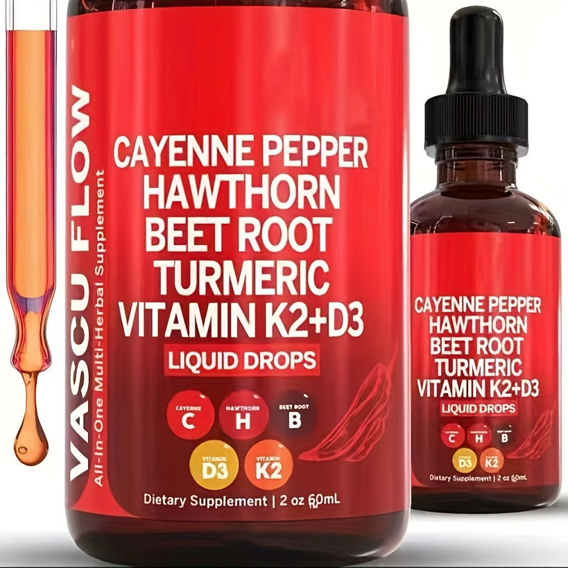 CAYENNE PEPPER, HAWTHORN, BEET ROOT, TURMERIC, VITAMIN K2+D3, ALL-IN-ONE LIQUID DROPS, EASILY MIX WITH SALAD, SMOOTHIES, SANDWICH, DROPS, COFFEE, 60ML