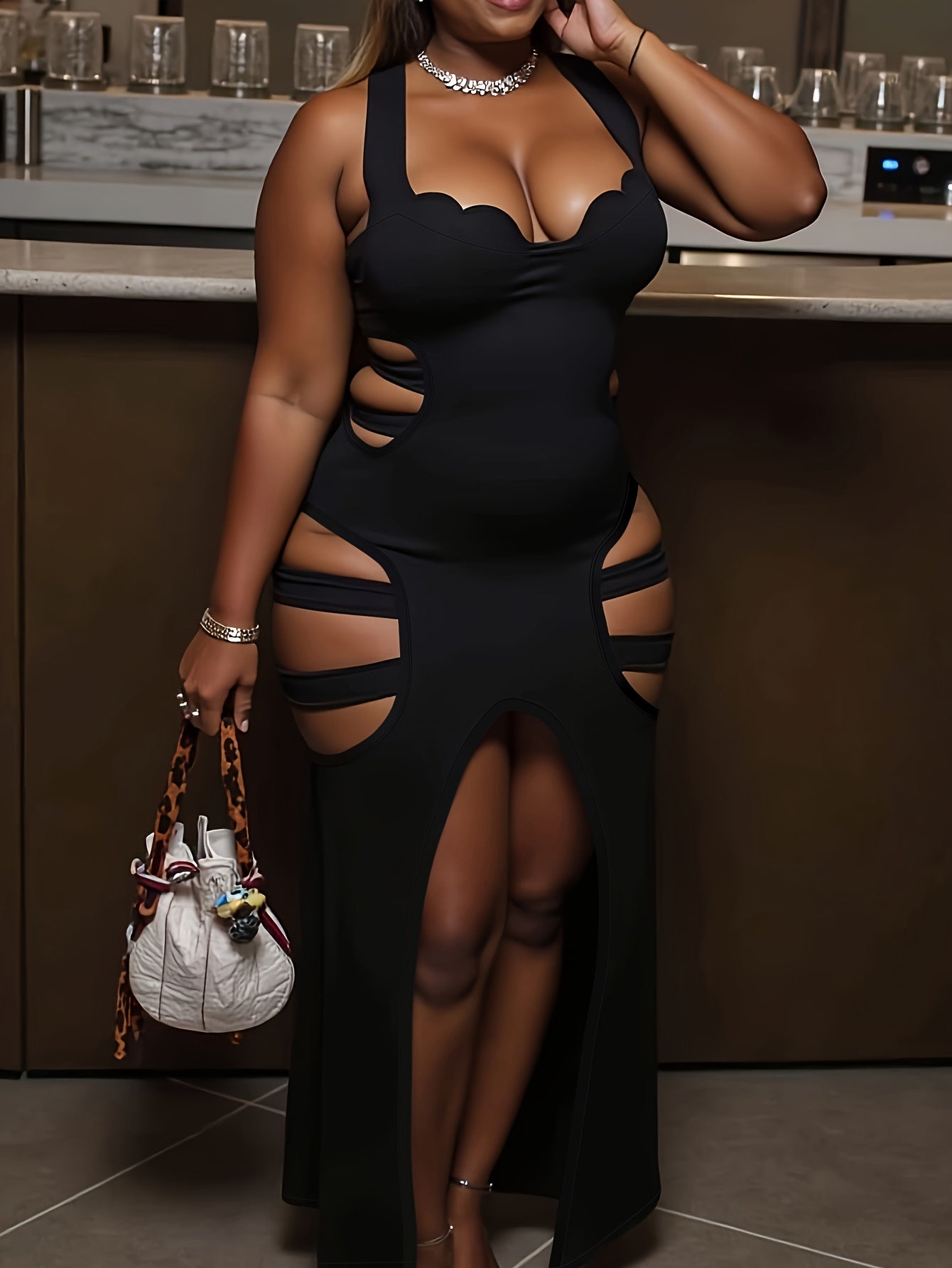 Women's Sexy Halter Neck Cut-Out Bodycon Dress - Black Semi-Sheer 100% Polyester Machine Washable Party & Clubwear with Cut-Out Details