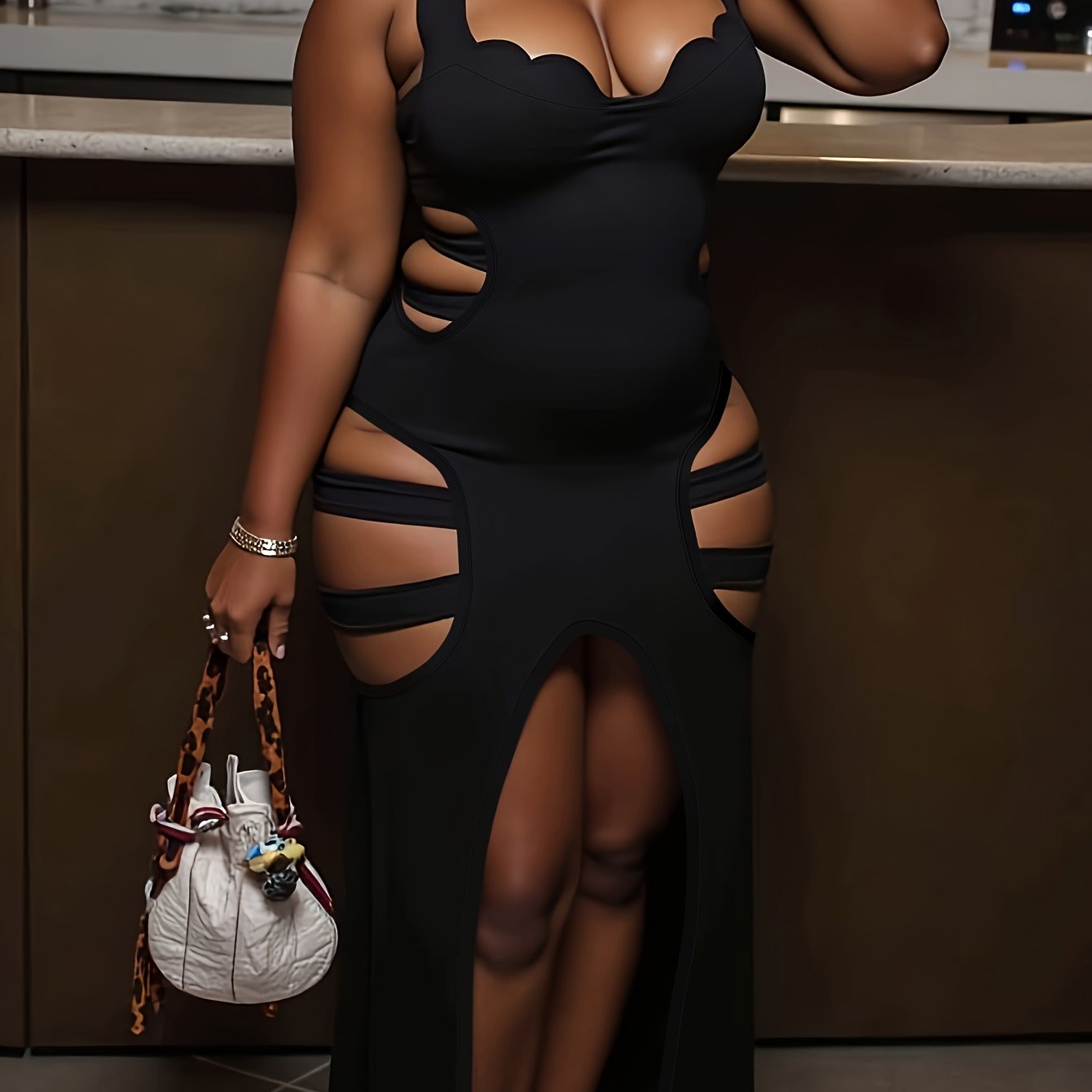 Women's Sexy Halter Neck Cut-Out Bodycon Dress - Black Semi-Sheer 100% Polyester Machine Washable Party & Clubwear with Cut-Out Details