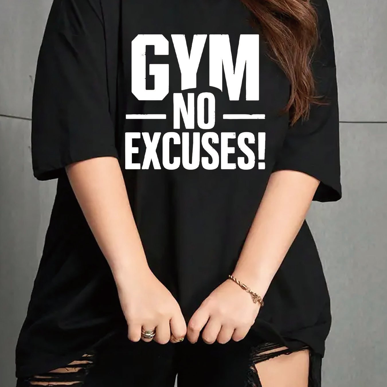 Women's Plus Size Casual Black T-Shirt - "Gym No Excuses" White Text Print, Short Sleeve, Round Neck, Stretchy Polyester Blend, Machine Washable, 0XL-4XL, Casual Wear|Relaxed Fit Tee|Knit Construction