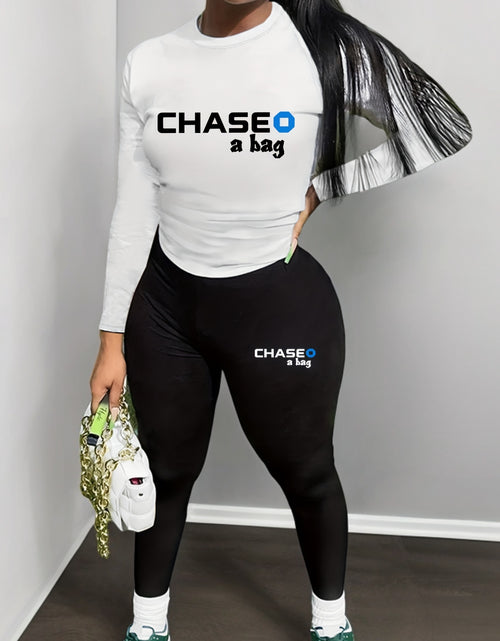 Load image into Gallery viewer, Two-Piece Chic Outfit - Crew Neck Long Sleeve Tee and Slim Fit Pants Set with Letter Print - Womens Fashion Clothing for Everyday Wear