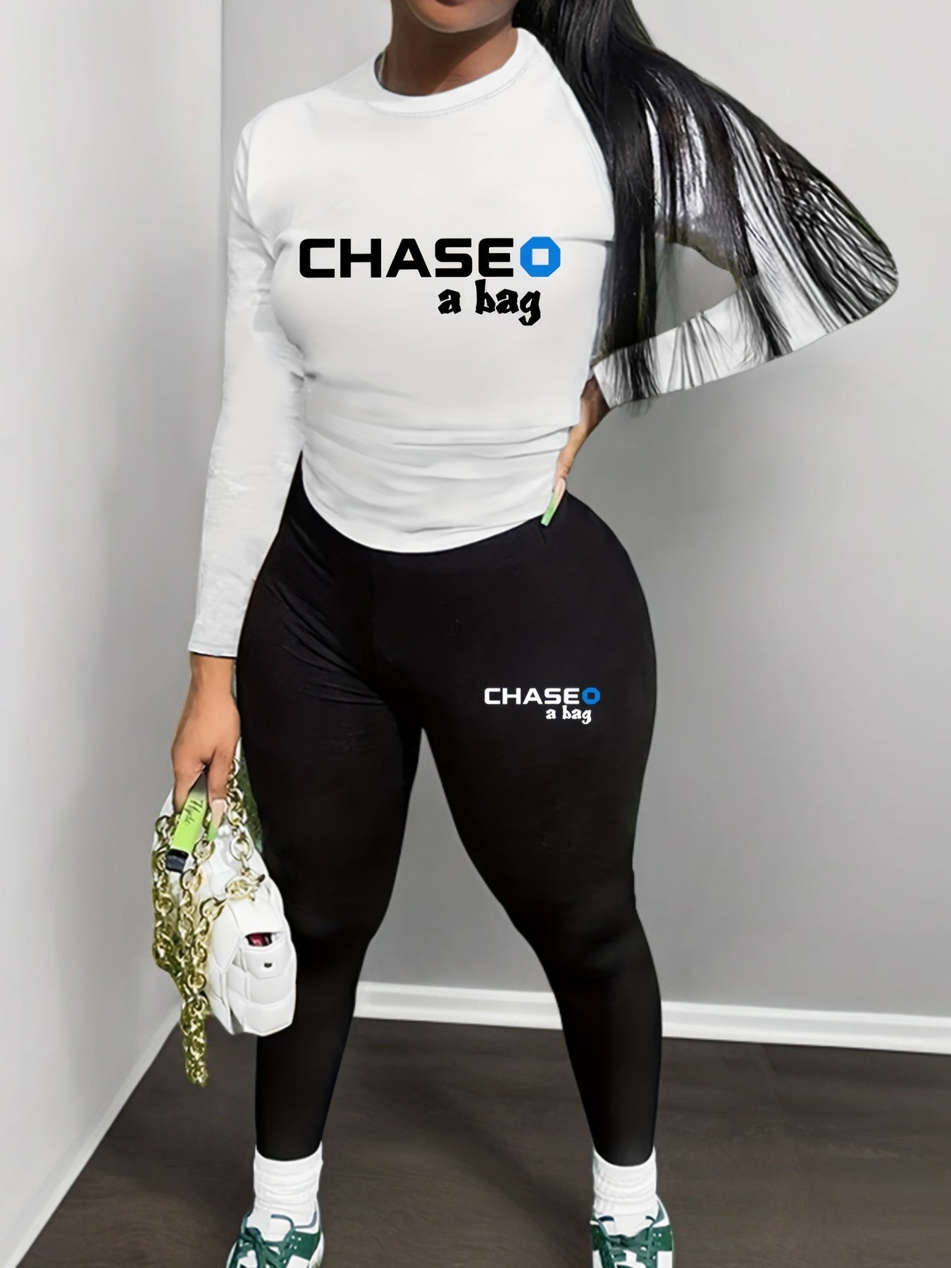 Two-Piece Chic Outfit - Crew Neck Long Sleeve Tee and Slim Fit Pants Set with Letter Print - Womens Fashion Clothing for Everyday Wear