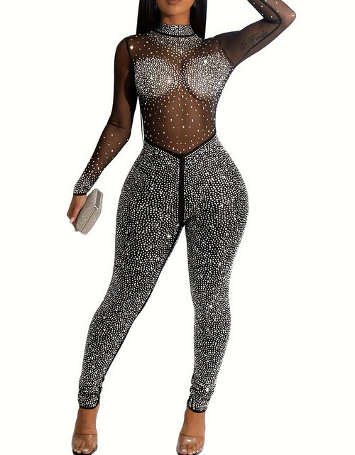 Load image into Gallery viewer, Solid Color Stand Neck Jumpsuit, Y2K Mesh Rhinestone Long Sleeve Jumpsuit For Spring & Summer, Women's Clothing