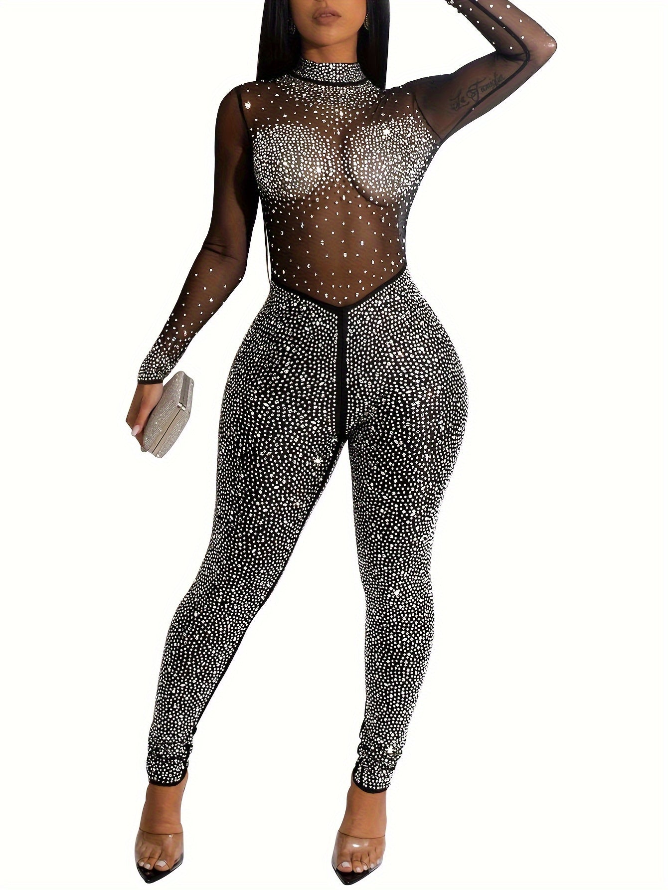 Solid Color Stand Neck Jumpsuit, Y2K Mesh Rhinestone Long Sleeve Jumpsuit For Spring & Summer, Women's Clothing