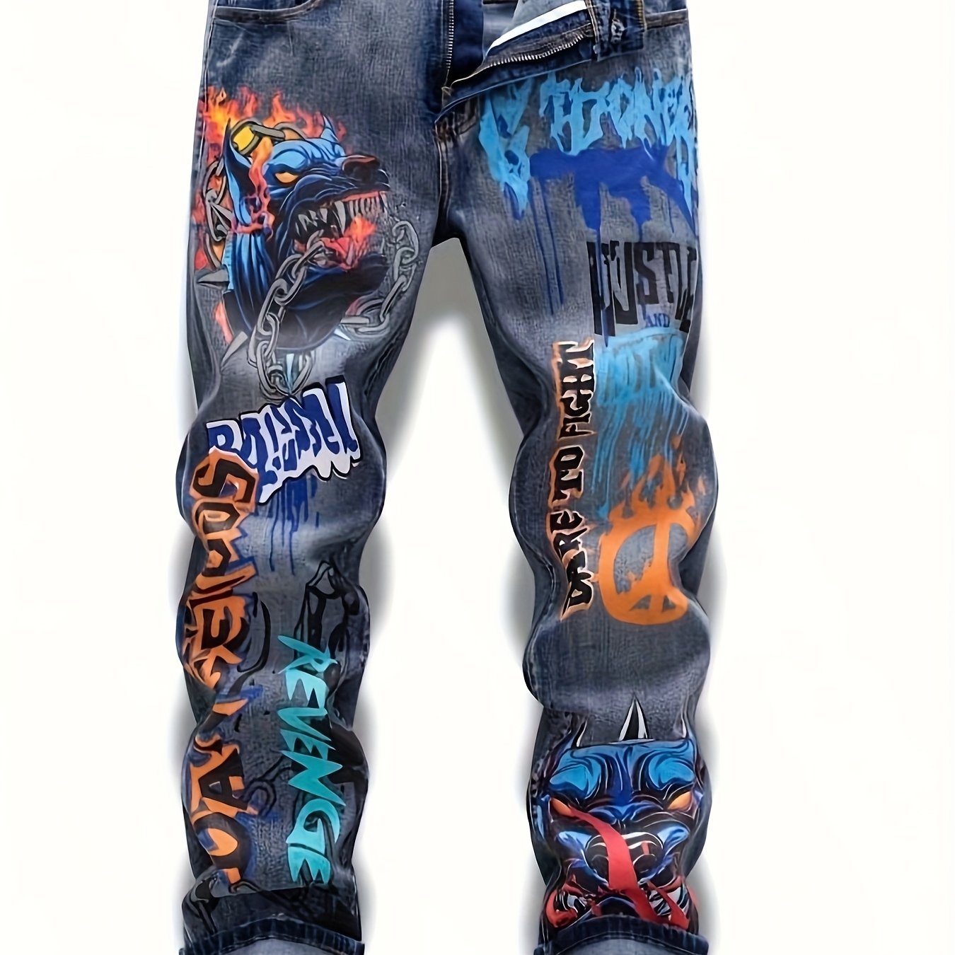 Graffiti Distressed Washed And Distressed Jeans Men Jeans Para Hombre, Designer Jeans for Men, Straight-Leg Wide-Leg Stretch All-Season Streetwear Y2K Vintage Wash Fashion