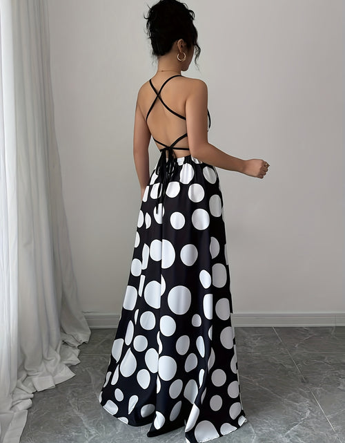 Load image into Gallery viewer, Women Sleeveless Black and White Polka Dot Maxi Dress with Tie Back Detail - Perfect for Spring/Summer/Fall, Vacation Style, Regular Fit, ,Flared Hem, Adult Size, Vacation Attire |Flared Hemline |Backless Dress