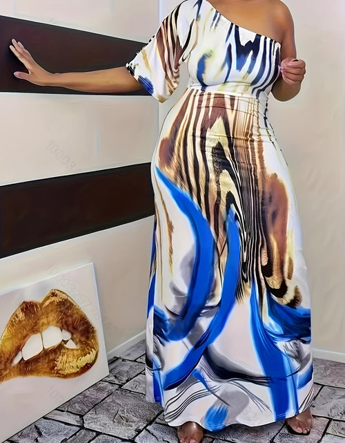 Load image into Gallery viewer, Stylish Summer Women's Off-Shoulder One-Sleeve Loose-Fit Maxi Dress - Geometric Tiger Print, Casual Polyester Knit, Machine Washable,