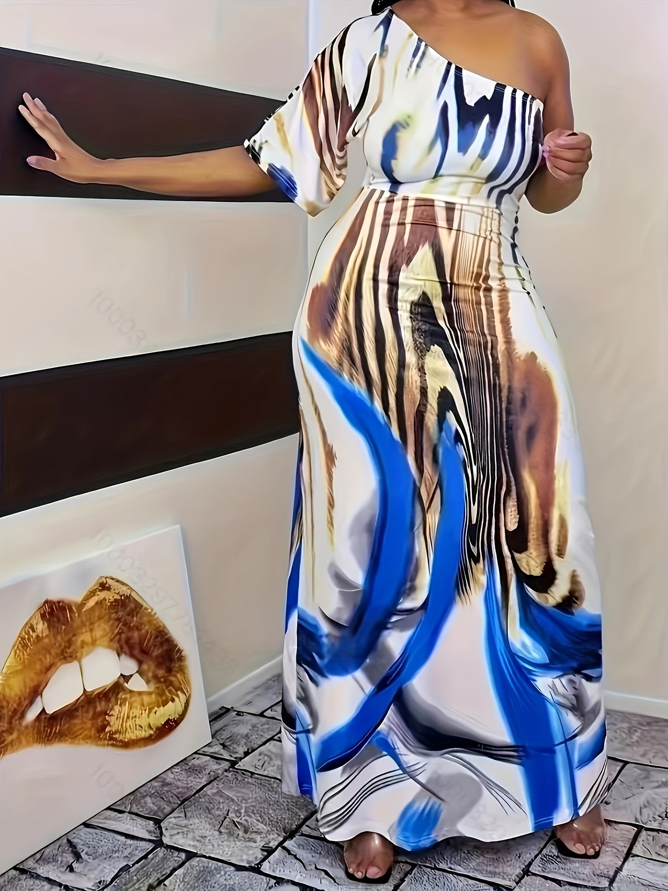 Stylish Summer Women's Off-Shoulder One-Sleeve Loose-Fit Maxi Dress - Geometric Tiger Print, Casual Polyester Knit, Machine Washable,