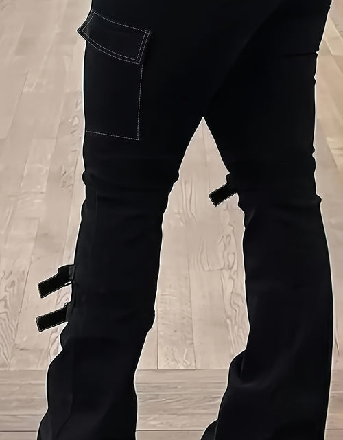 Load image into Gallery viewer, Plus Size Women American Retro Street Jeans - Solid Black Detachable Lace-Up Flap Side Pockets, Bootcut High Waist, Mature Comfortable Fashion Outfit