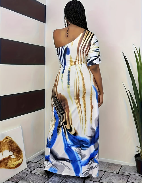 Load image into Gallery viewer, Stylish Summer Women's Off-Shoulder One-Sleeve Loose-Fit Maxi Dress - Geometric Tiger Print, Casual Polyester Knit, Machine Washable,