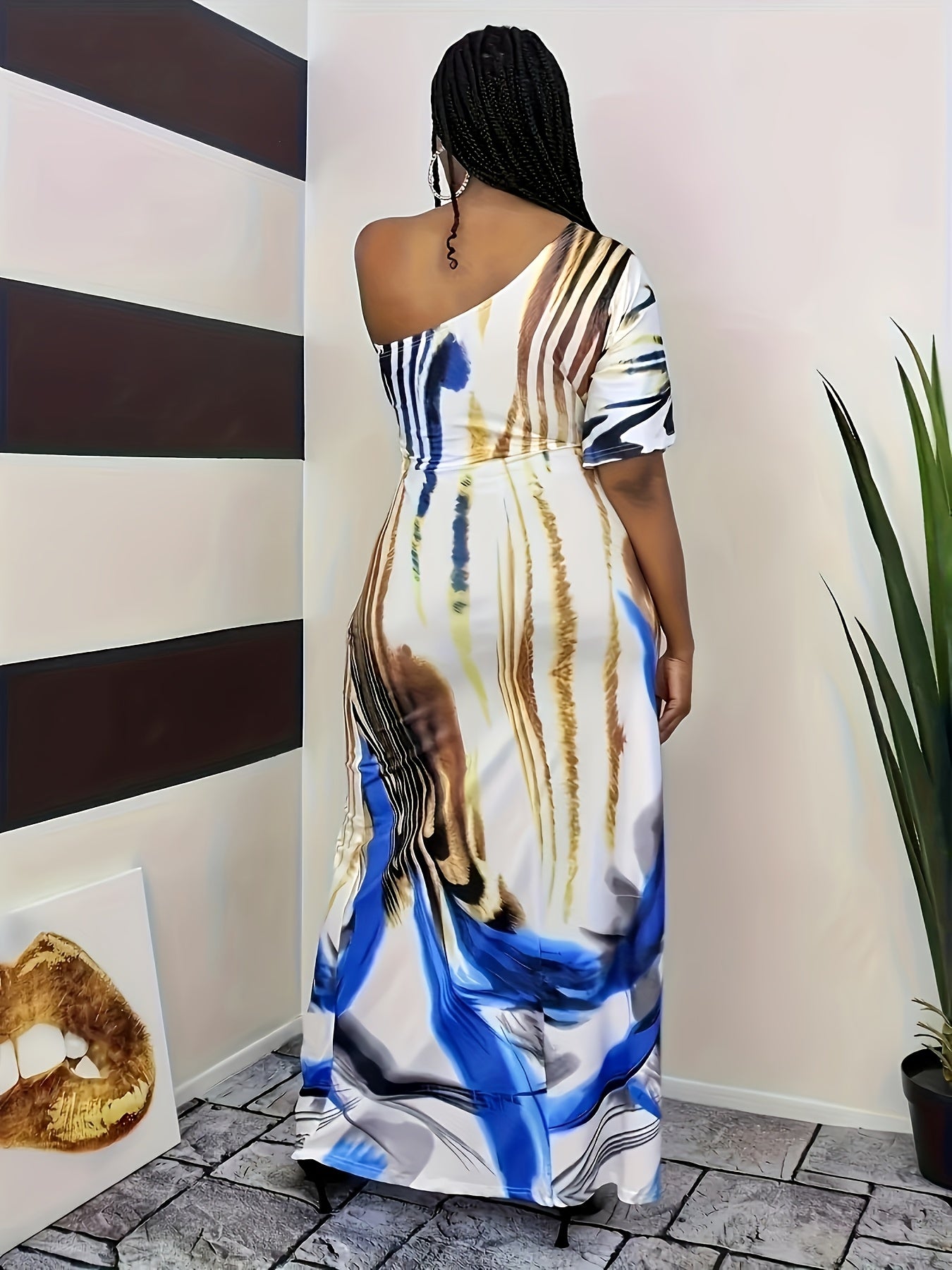 Stylish Summer Women's Off-Shoulder One-Sleeve Loose-Fit Maxi Dress - Geometric Tiger Print, Casual Polyester Knit, Machine Washable,
