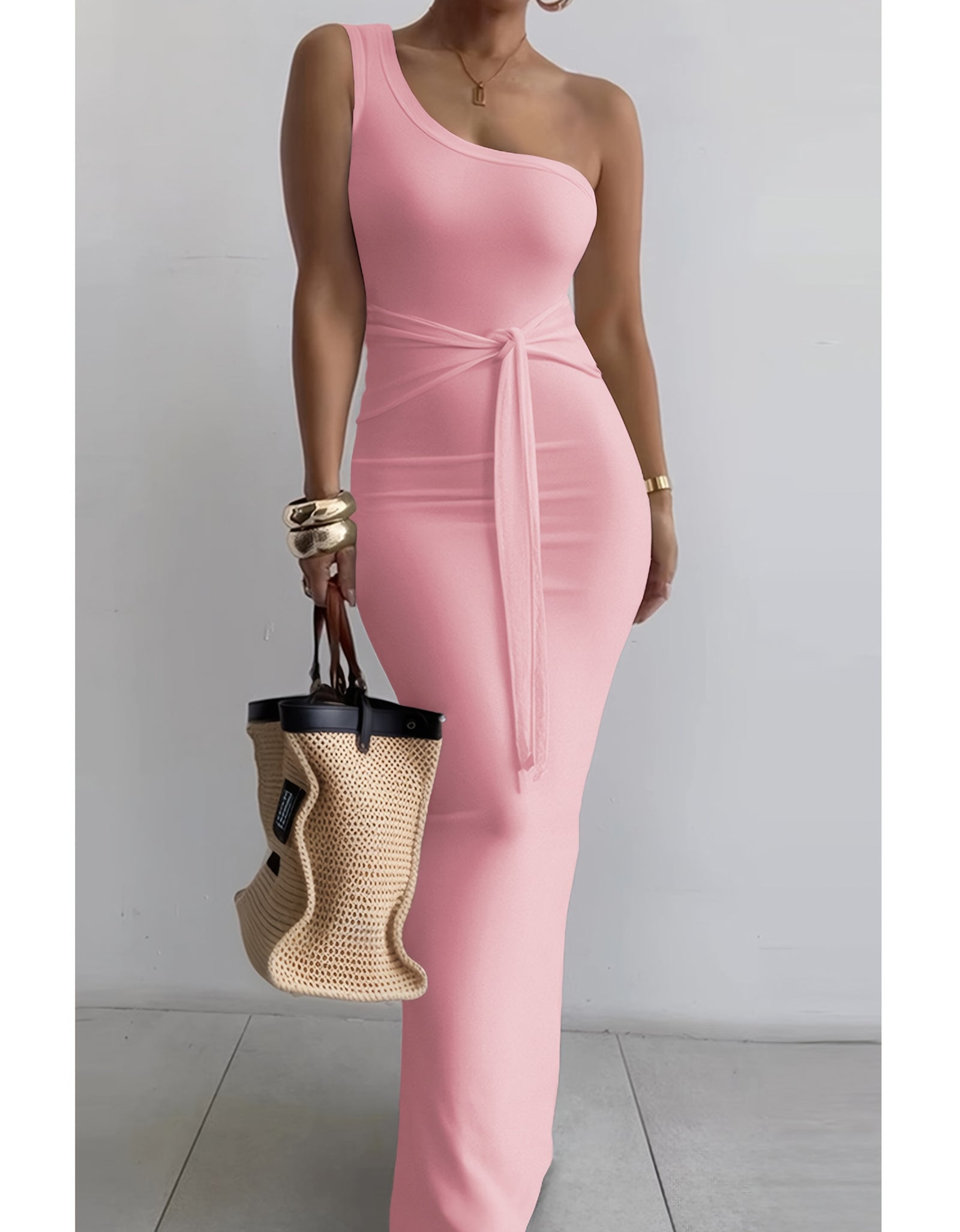Women's Summer One-Shoulder Waist Tie Slim-Fit Pencil Dress - Sleeveless Elegant Solid Blue Long Dress for Casual & Formal Occasions