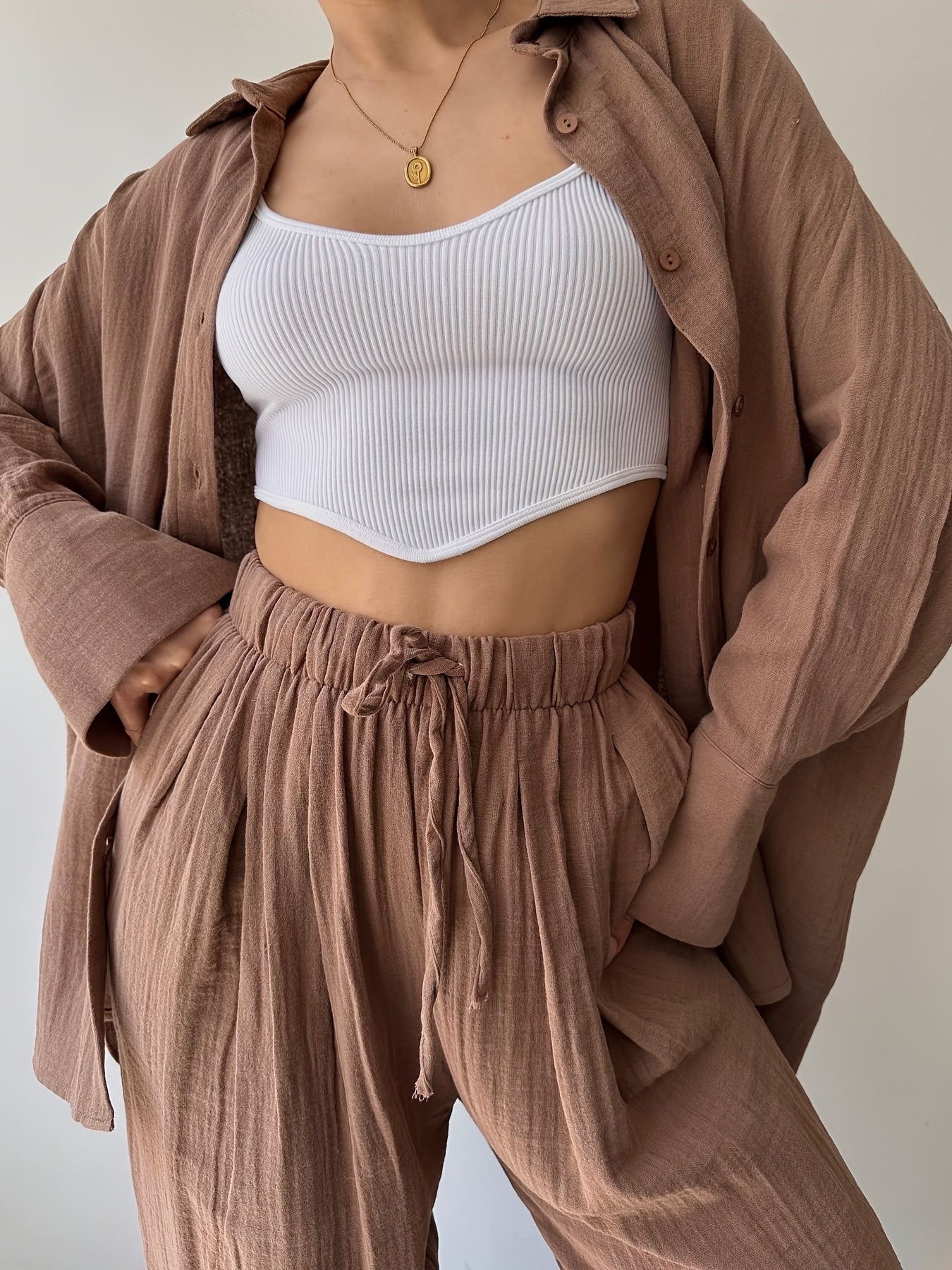 Two-piece Women's Simple Niche Lapel Long-sleeved Shirt High-Waisted Pants Fashion Suit