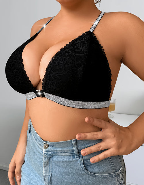 Load image into Gallery viewer, Women Plus Size Lace Bra - Luxurious Black with Floral Pattern, Wide Strapless V-Neck, Sparkling Silver Accents, Comfortable Fabric,