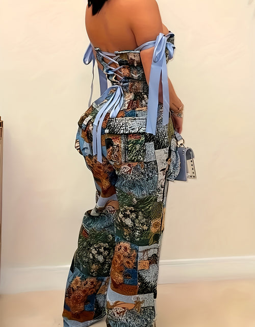 Load image into Gallery viewer, Two-Piece Set- Blue Printed Off-Shoulder Sleeveless Top with Cross Straps and Long Pants