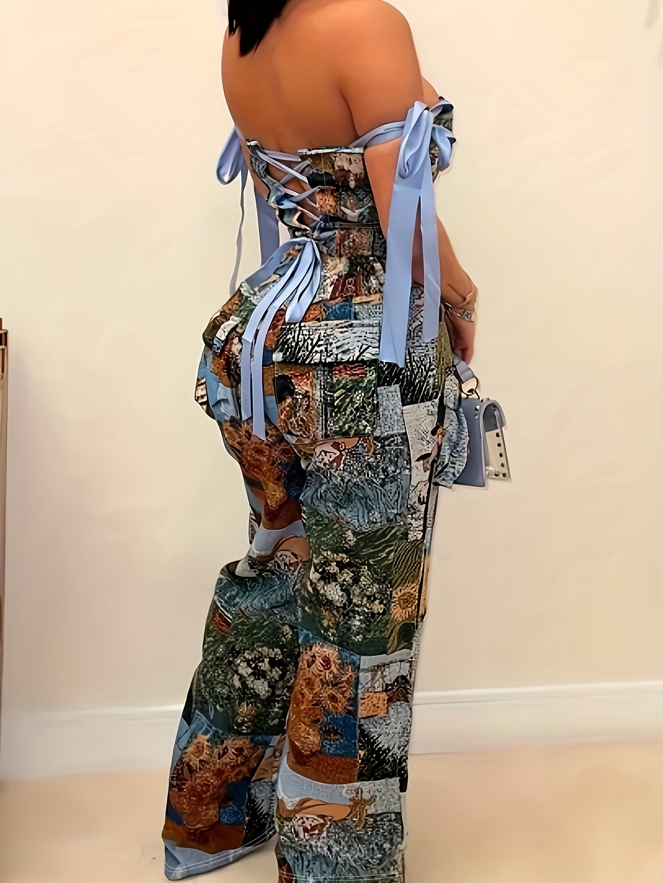 Two-Piece Set- Blue Printed Off-Shoulder Sleeveless Top with Cross Straps and Long Pants
