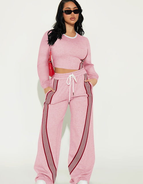 Load image into Gallery viewer, 2pcs Women Casual Long Sleeved Top And Side Striped Style Drawstring Pocket Pants Set For Autumn And Winter