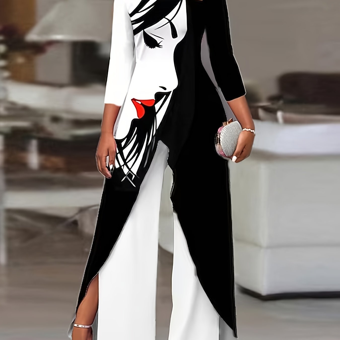 Stylish Off-Shoulder Printed Irregular Design Long-Sleeved Trousers Suit for Women - Fashionable, Comfortable, and Versatile - Ideal for Casual Daily Wear and Outdoor Activities
