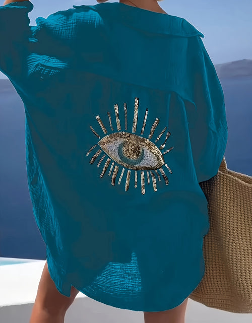 Load image into Gallery viewer, Plus Size Women's Teal Blue Beach Cardigan - Long Sleeve, Loose Fit, Sequin Third Eye Design, Soft Polyester Knit Fabric for Spring/Summer