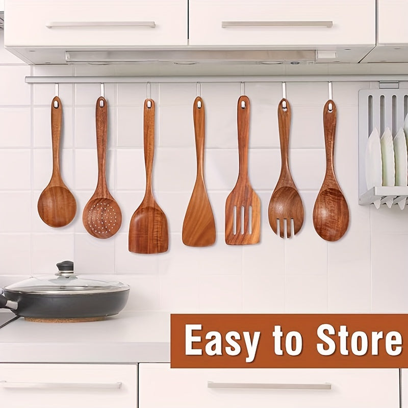 9pcs Natural Teak Wooden Kitchen Utensil Set with Spoon Rest - Comfort Grip Cooking Spoons And Utensils Holder