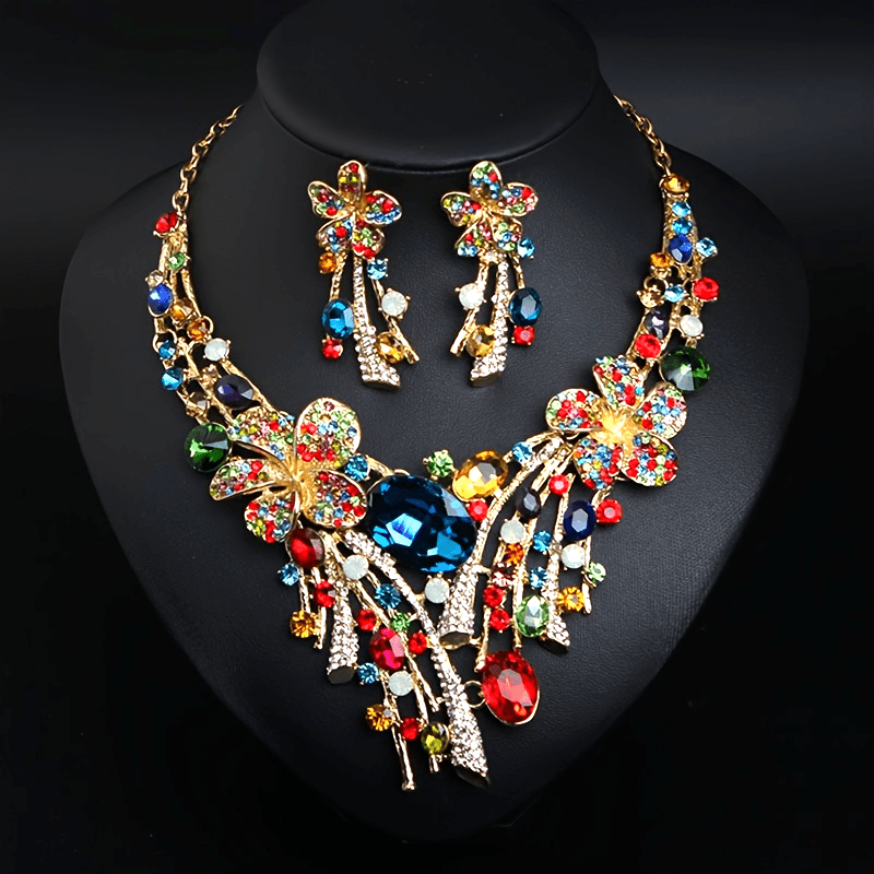 Bohemian Style 3 Piece Set Women Jewelry-Vintage Crystal Flower Necklace with Earrings for Parties and Gifts