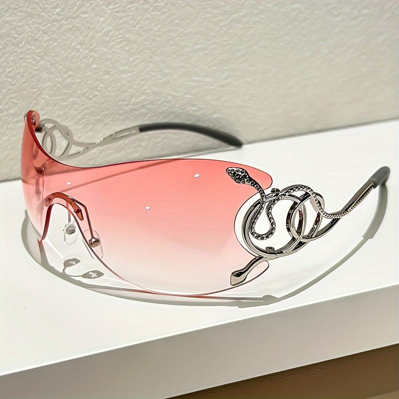 Y2K Style Frameless Glasses with Snake Design Hinges - Zinc Alloy, Clear PC Lenses, Futuristic Metallic Finish for Streetwear Fashion