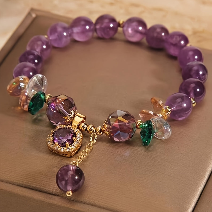Classic Amethyst Bead Bracelet Featuring Cubic Zirconia, Non-Coated Fashion Jewelry for Women
