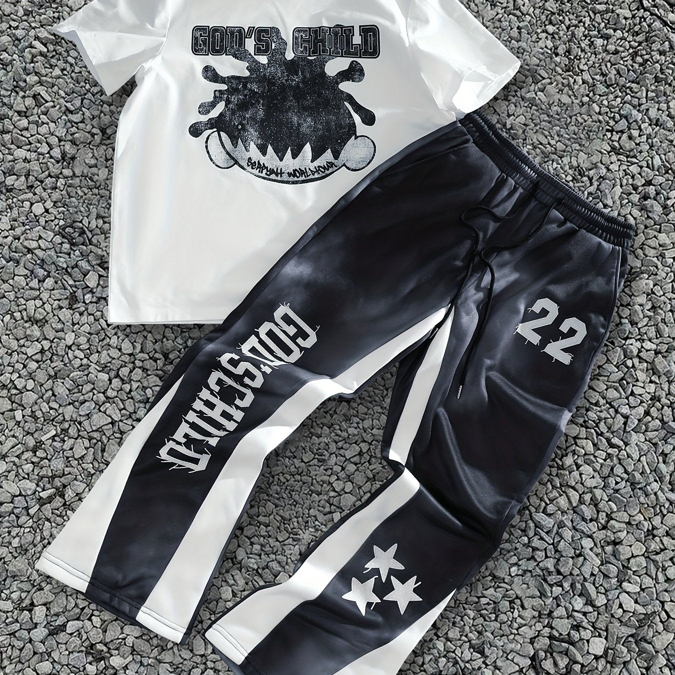 Spring-Summer Men's Printed Two-Piece Set, Street Head Print, Short Sleeve T-Shirt + Drawstring Sweatpants Casual Outfit