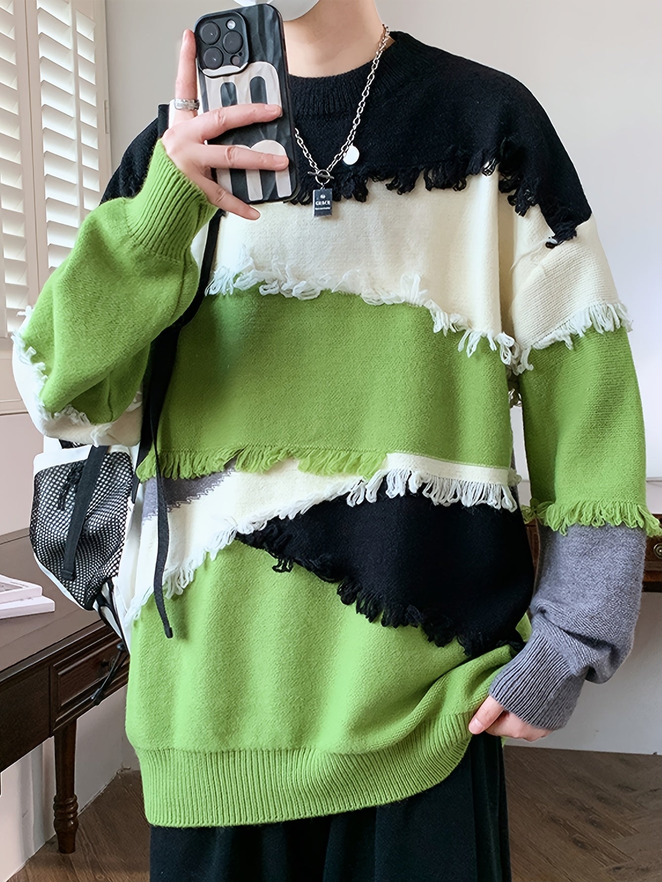 Men Streetwear Color Block Knit Sweater - Slim Fit High Elasticity Long Sleeve Round Neck Pullover with Tassel Details, Autumn Winter Fashion Trendy Casual Top, Seasonal Clothing, Bold Pattern, Soft Texture