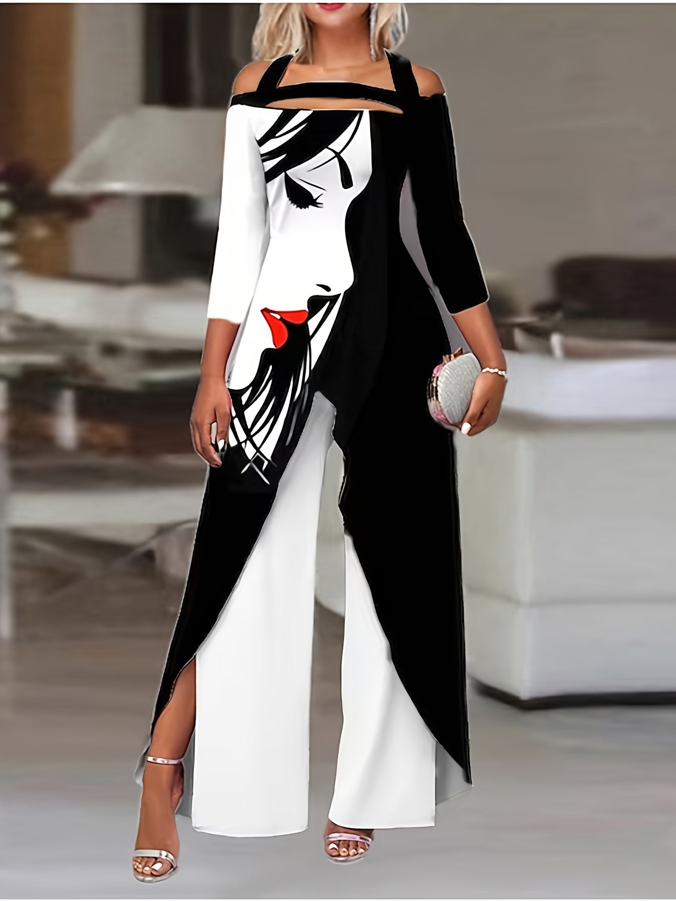Stylish Off-Shoulder Printed Irregular Design Long-Sleeved Trousers Suit for Women - Fashionable, Comfortable, and Versatile - Ideal for Casual Daily Wear and Outdoor Activities