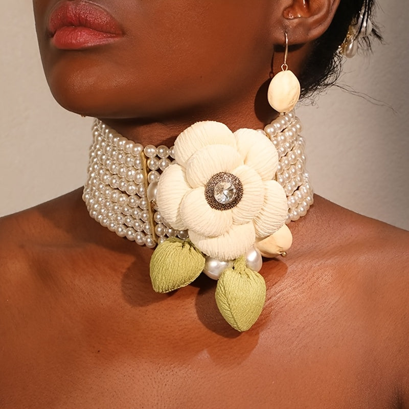 Bohemian Chic Jewelry  Pearl & Beaded Flower Jewelry Set - Multi-Layer Necklace and Earrings with Stainless Steel Posts