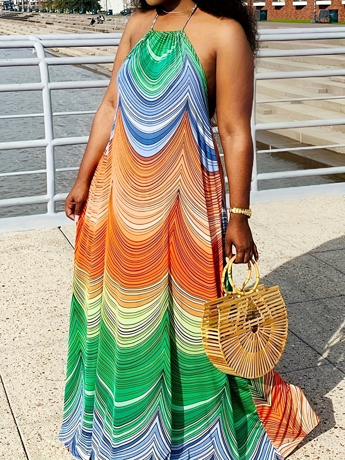 Allover Print Halter Neck Dress, Casual Backless Sleeveless Maxi Dress For Summer, Women's Clothing