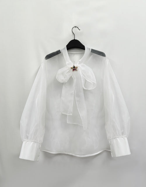 Load image into Gallery viewer, Elegant Plus Size Women'S Blouse with Sexy Bow Collar, Bubble Sleeves, and Pearl Accents - Chic Solid Color Non-Stretch Fabric for All Seasons, Plus Size Blouses