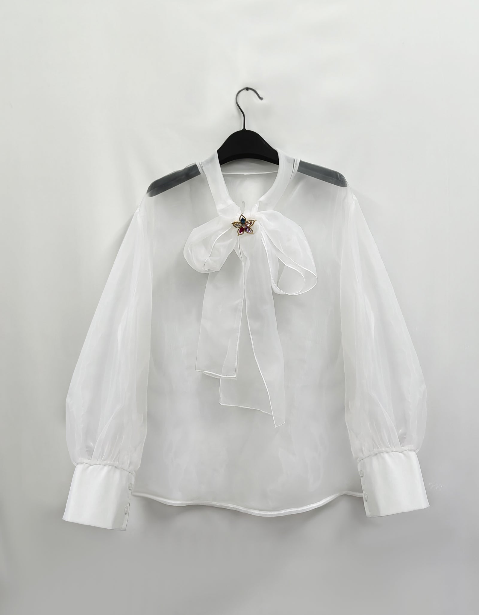 Elegant Plus Size Women'S Blouse with Sexy Bow Collar, Bubble Sleeves, and Pearl Accents - Chic Solid Color Non-Stretch Fabric for All Seasons, Plus Size Blouses