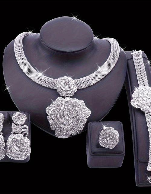 Load image into Gallery viewer, Luxury Rhinestone Rose Necklace Set for Women, Alloy Jewelry Set with Earrings, and Bracelet,
