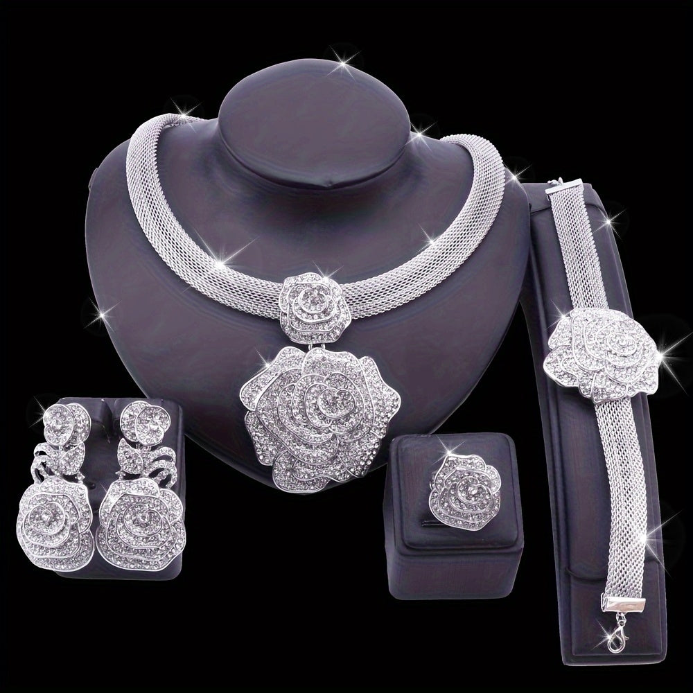 Luxury Rhinestone Rose Necklace Set for Women, Alloy Jewelry Set with Earrings, and Bracelet,