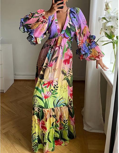 Load image into Gallery viewer, Women's Elegant Tropical Floral V-Neck Maxi Dress with Lantern Sleeves - Long, Flowy  for Spring/Summer/Fall, Deep V-Cut Waist, Vibrant Print, Polyester Blend, Machine Washable