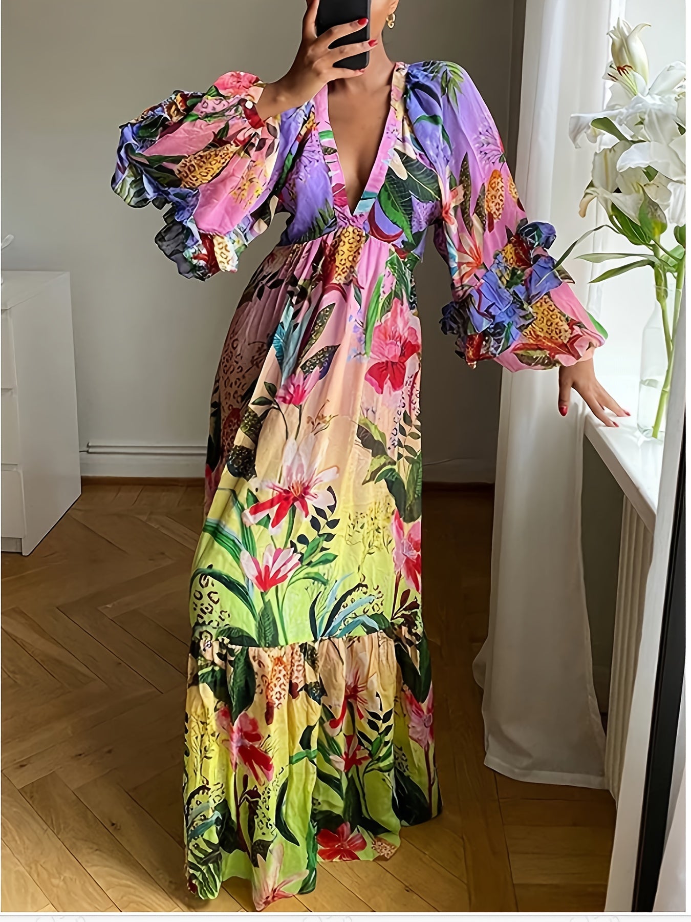 Women's Elegant Tropical Floral V-Neck Maxi Dress with Lantern Sleeves - Long, Flowy  for Spring/Summer/Fall, Deep V-Cut Waist, Vibrant Print, Polyester Blend, Machine Washable