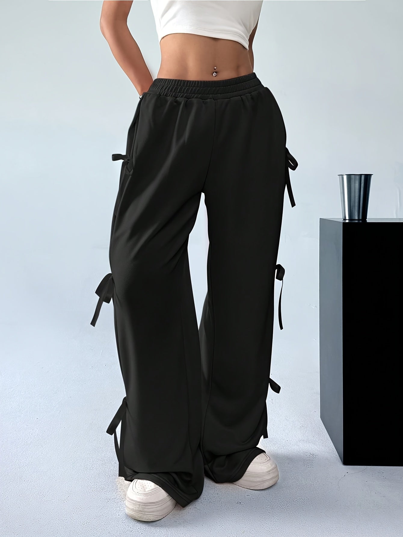 Plus Size, Women's Elegant Side Bow Tie Straps & Back Pockets Stretchy Loose Straight Leg Pants - Comfortable Elastic Waistband, Machine Washable, Spring Summer Fall Casual Outing Trousers, Seasonal Fashion, Durable Clothing