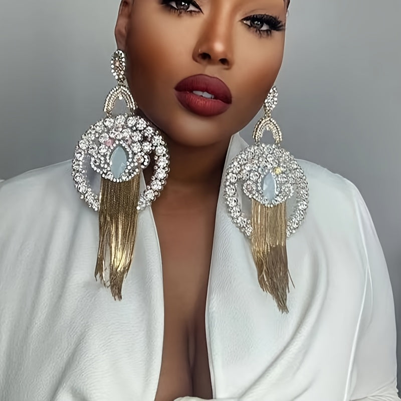 Elegant & Bold Oversized Tassel Drop Earrings - Glamorous Queen-Inspired Fashion Accessory with Sparkling Rhinestones, Stainless Steel Posts, Novelty Earrings for Parties and Everyday Glam