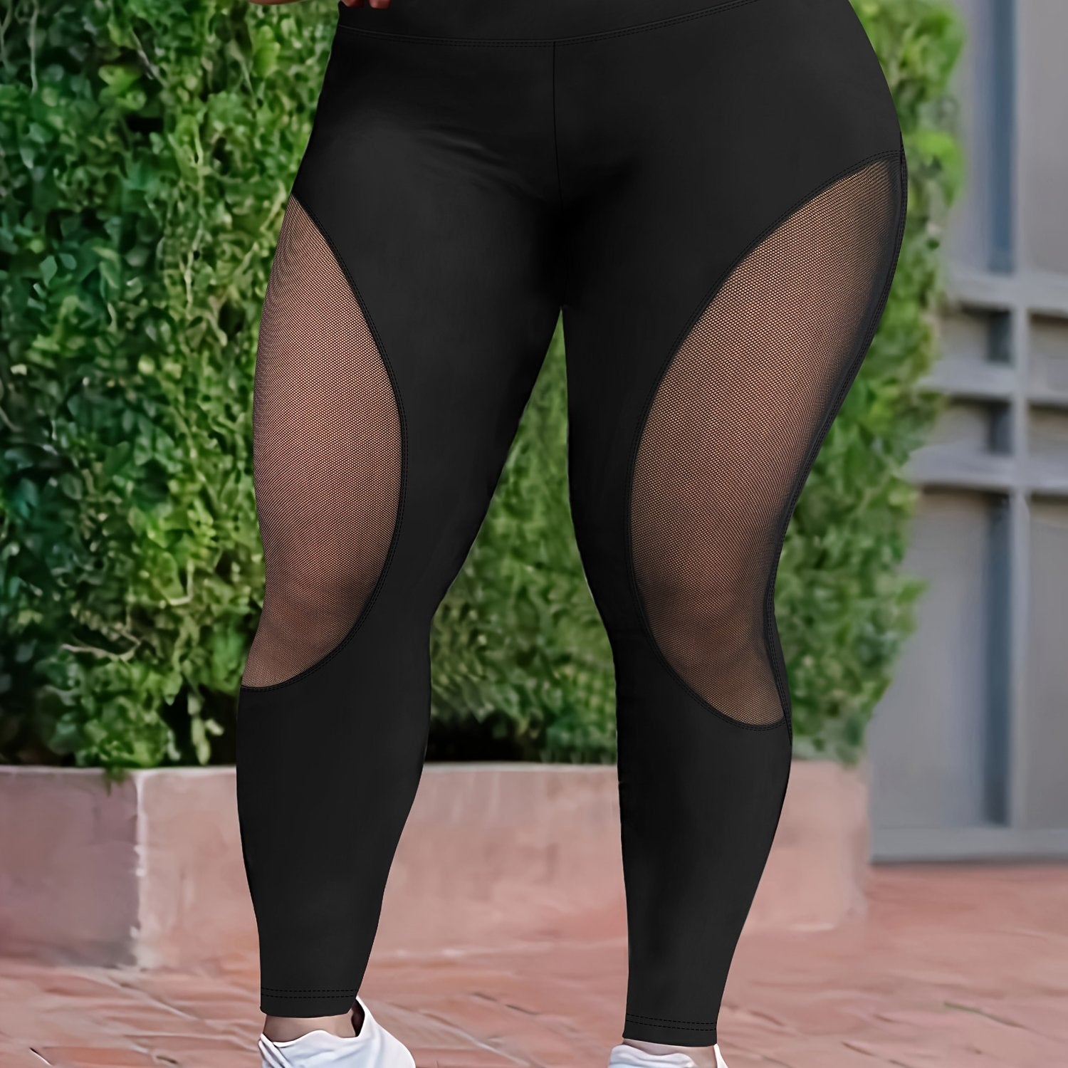Plus Size High-Waisted Leggings with Breathable Stretch Fabric, Mesh Panels, Athletic Tights