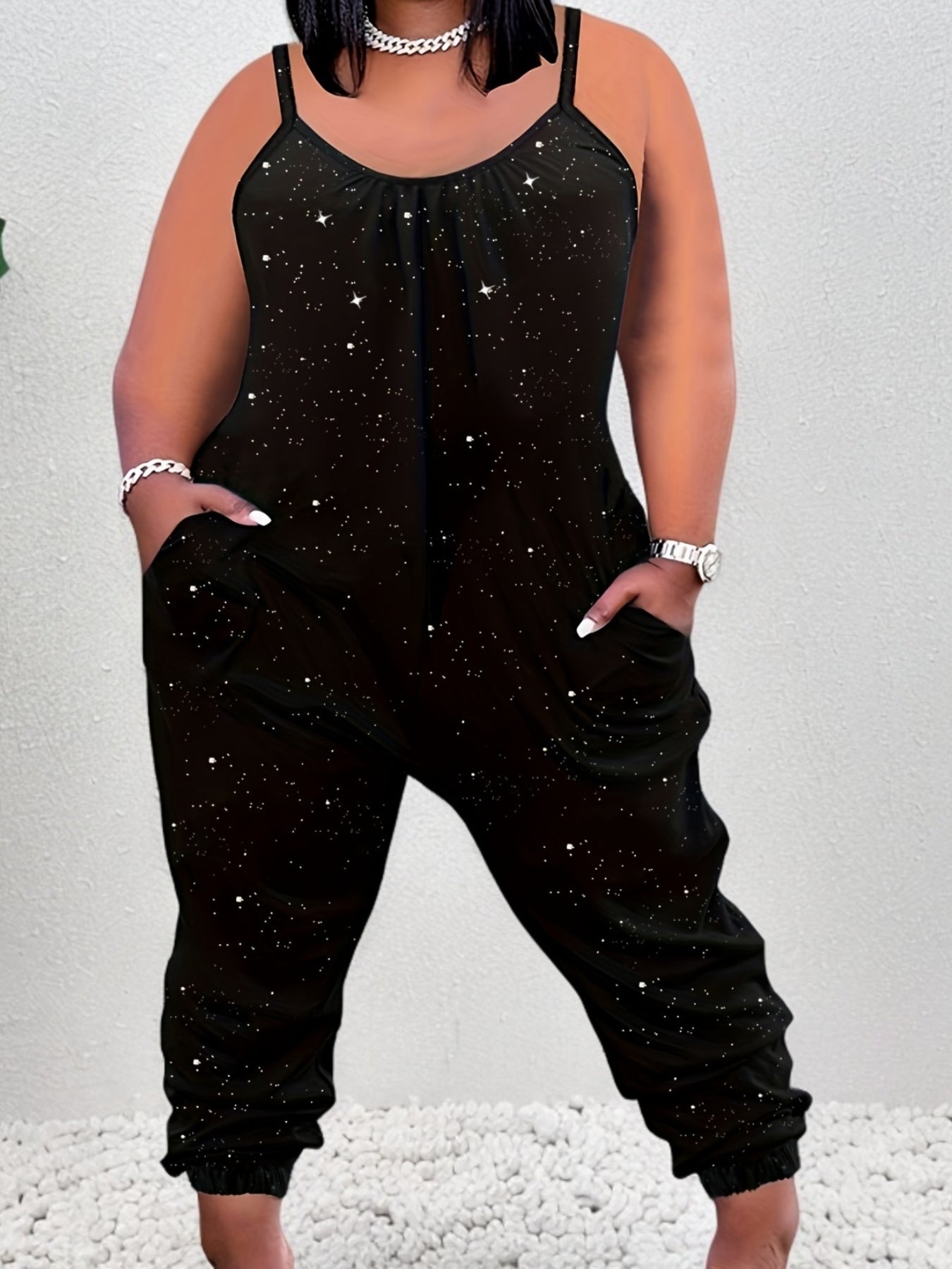 Stylish Plus Size Pockets Cami Jumpsuit - Women's Plus Size Clothing, Casual Sleeveless Summer Jumpsuit with Pockets for Comfort and Convenience