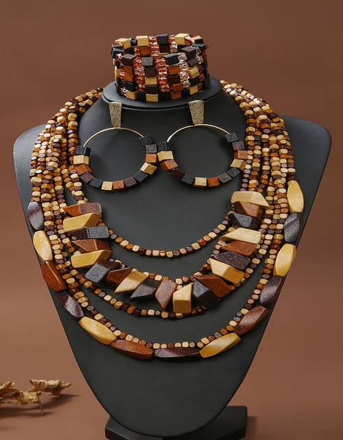 Load image into Gallery viewer, Bohemian Style Wooden Earrings, Bracelet, and Necklace Set - Suitable for Everyday Wear and Gift Giving