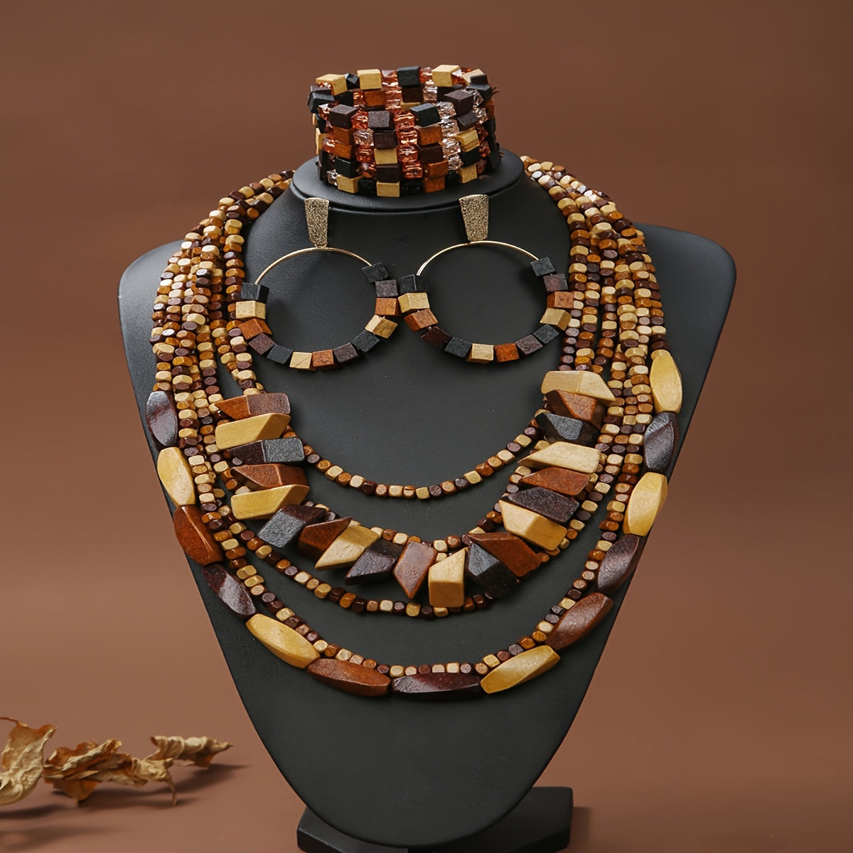Bohemian Style Wooden Earrings, Bracelet, and Necklace Set - Suitable for Everyday Wear and Gift Giving